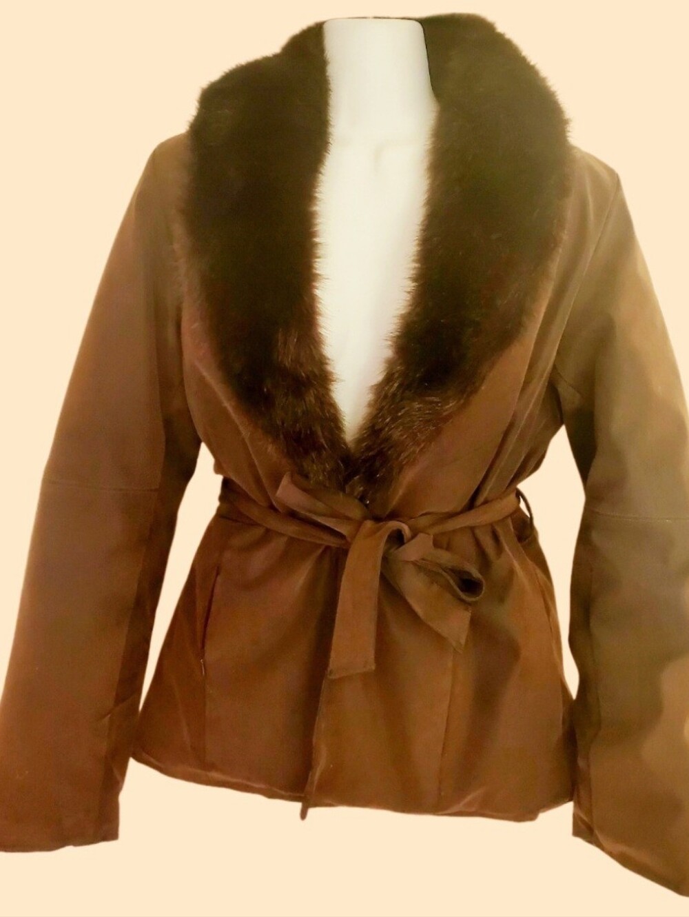 Brown Tie-Waist Jacket with Dark Fur Shawl Collar